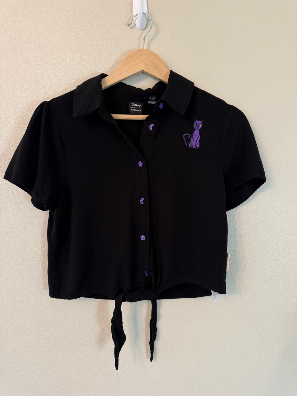 Her Universe Disney Hocus Pocus Tie Front Blouse Size M Black Purple Cat